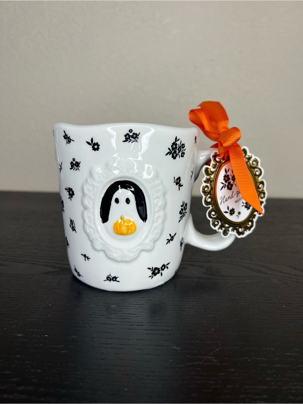 NEW Sunday Morning Ceramics Black Floral Ghost with Pumpkin Portrait Mug